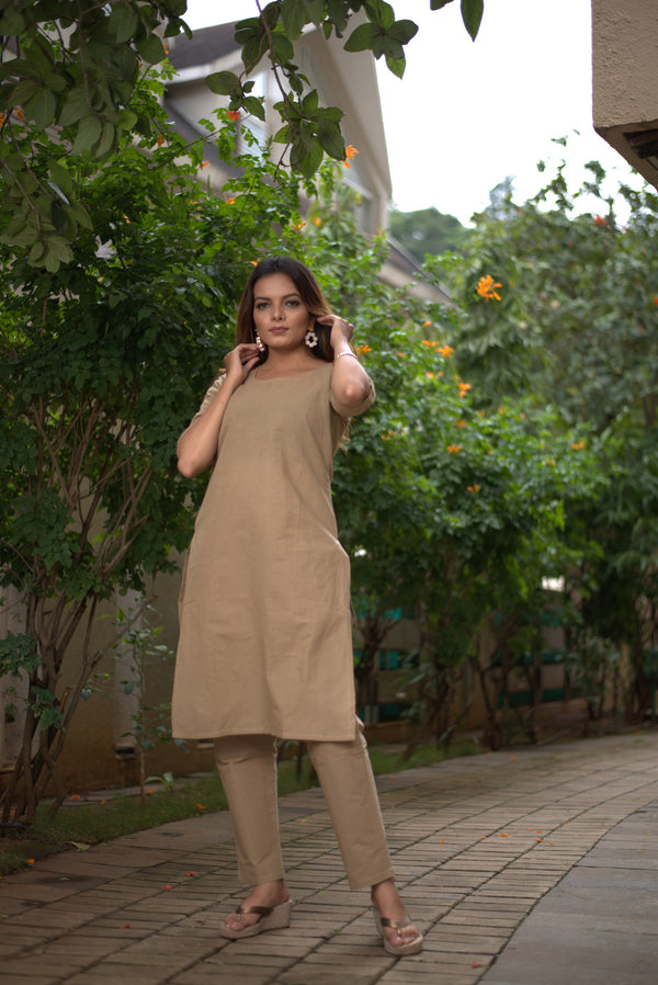 Camel Cotton Straight Kurta Set