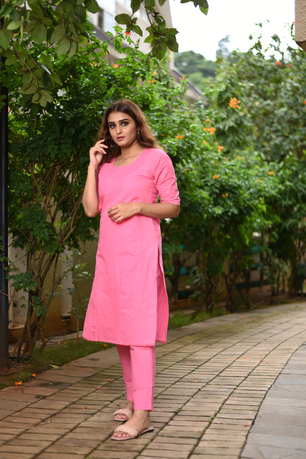 Pink Cotton Straight Kurta Set