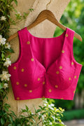 Fuchsia Pink Slub Silk Saree Blouse with Gold Woven Dots