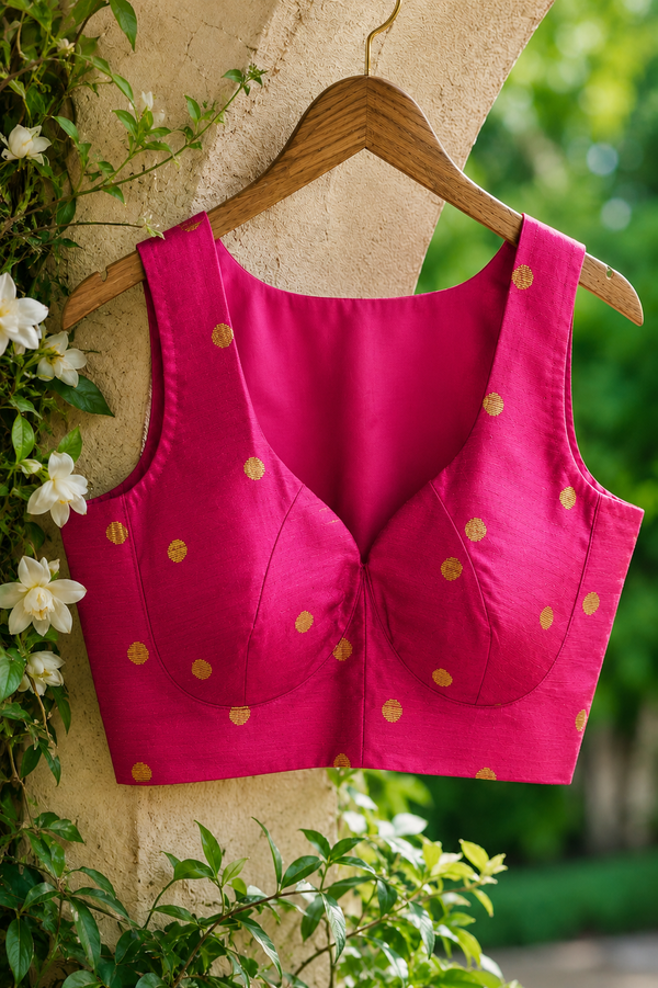 Fuchsia Pink Slub Silk Saree Blouse with Gold Woven Dots