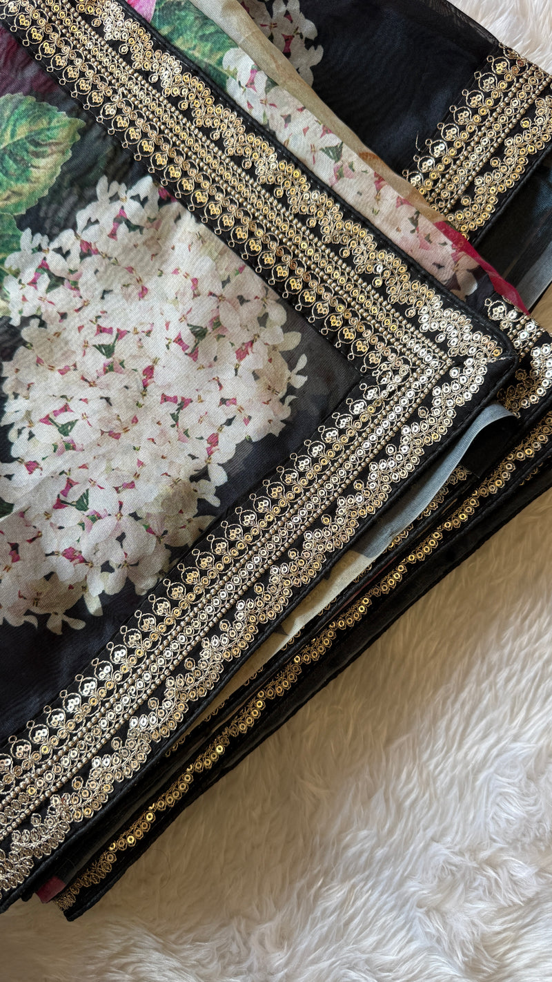 Black Floral Organza Saree