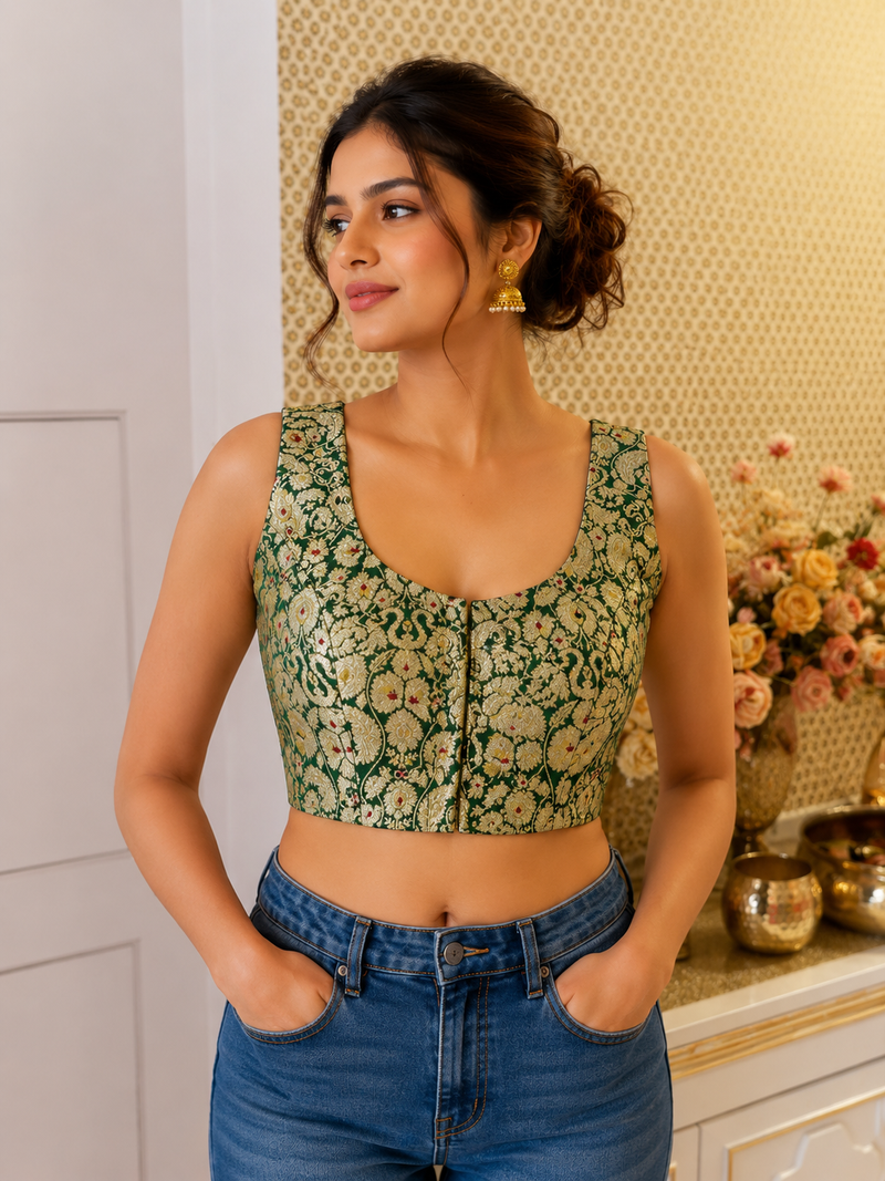 Emerald Heritage Banarasi Sleeveless Brocade Blouse