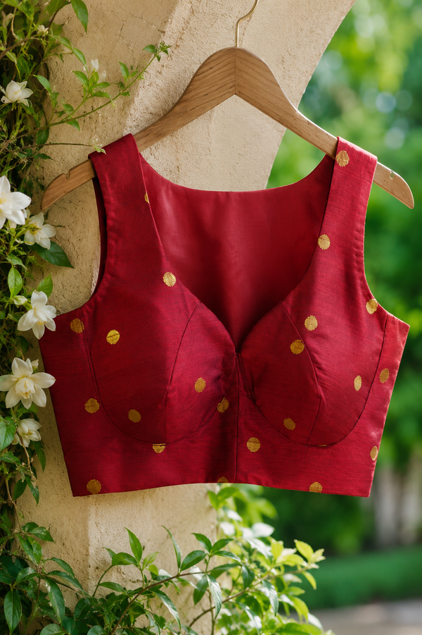 Ruby Red Slub Silk Saree Blouse with Gold Woven Dots