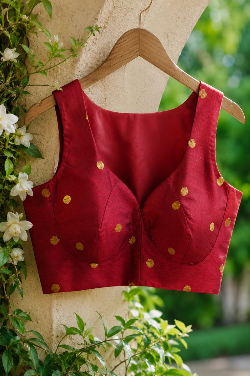 Ruby Red Slub Silk Saree Blouse with Gold Woven Dots