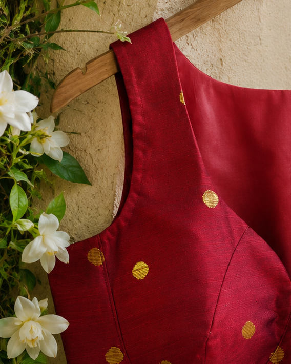 Ruby Red Slub Silk Saree Blouse with Gold Woven Dots