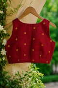 Ruby Red Slub Silk Saree Blouse with Gold Woven Dots