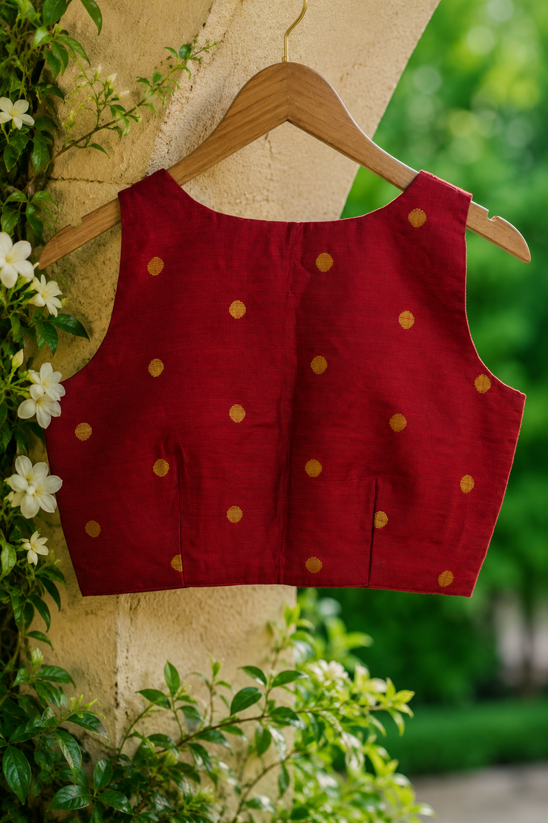 Ruby Red Slub Silk Saree Blouse with Gold Woven Dots