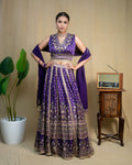 Full length view of deep purple modal lehenga set with hand embroidery and dupatta