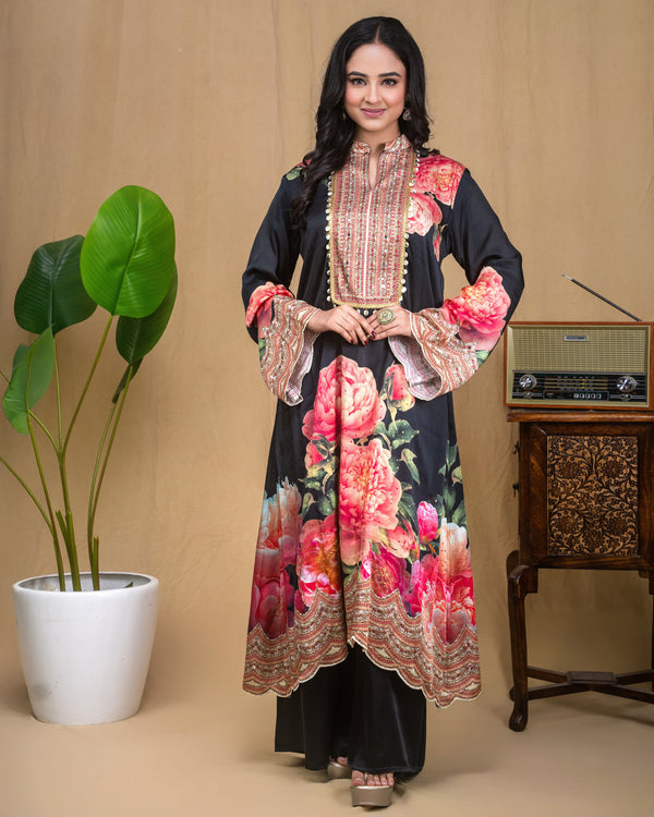 Black Floral Modal Indo Western Dress