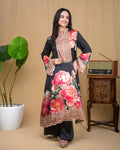 Front view of model wearing a black floral printed modal Indo-Western dress with pants.