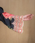Black modal Indo-Western tunic dress with vibrant pink floral prints and coin lace trim.