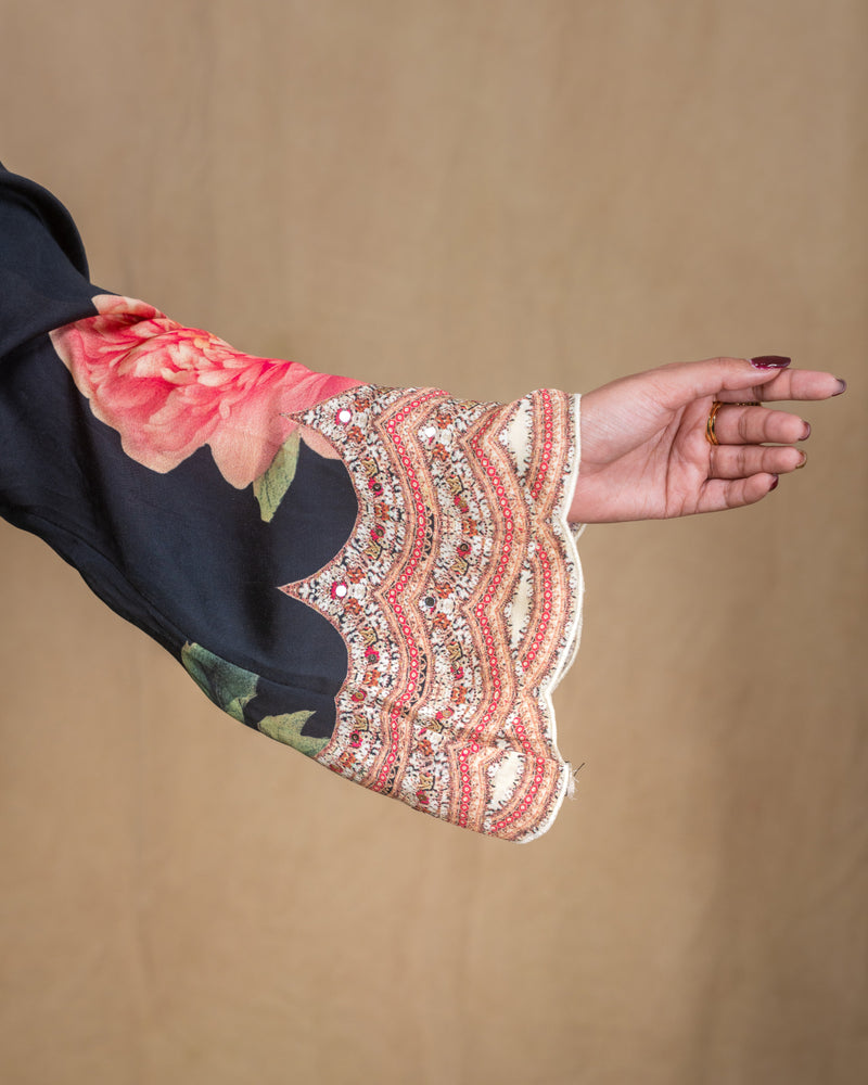 Black modal Indo-Western tunic dress with vibrant pink floral prints and coin lace trim.
