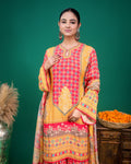 Back profile showing the structured fit and flowing flare of the printed sharara set.