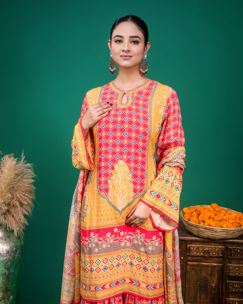 Back profile showing the structured fit and flowing flare of the printed sharara set.