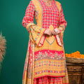 Full ensemble view of coral red and mustard yellow printed Indo-Western sharara dress.