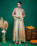 Front view of woman wearing pink and yellow printed modal Indo-western dress with hand embroidery