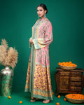 Close-up of hand embroidered mint placket and mirror work on pink modal Indo-western dress