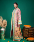 Full length view of pink and yellow printed modal Indo-western jacket dress for festive occasion