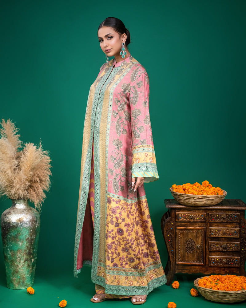Full length view of pink and yellow printed modal Indo-western jacket dress for festive occasion