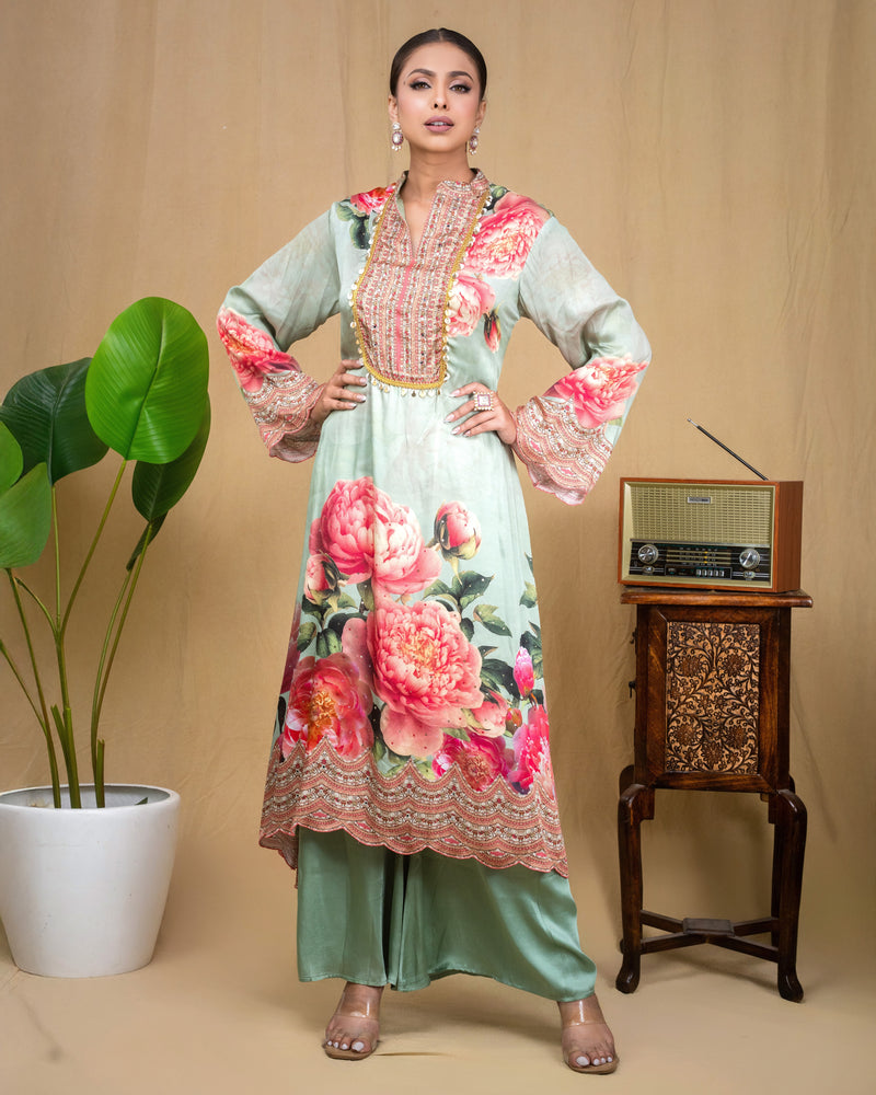 Mint green floral modal Indo-western dress with embroidered yoke, front full view.