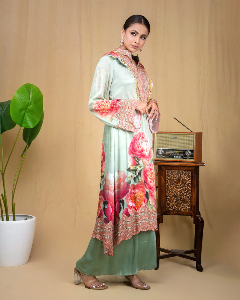 Model wearing mint green floral modal dress paired with matching wide-leg pants.