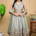 Full view of the sage green modal hand embroidered lehenga set paired with a matching drape.