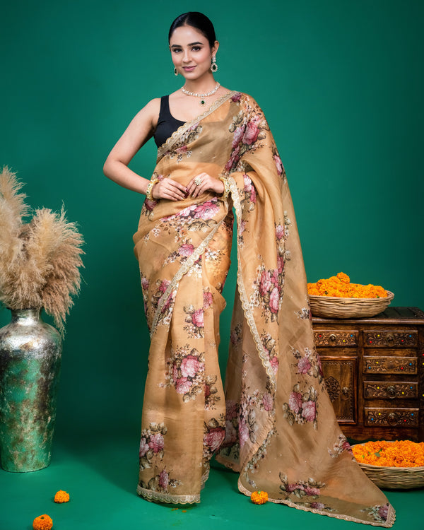 Beige Floral Organza Saree